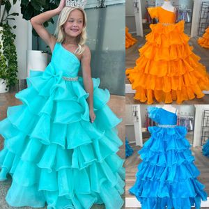 Volants Orange Fille Pageant Robe 2024 Cristaux Perles Bretelles Couche Organza Petit Enfant Anniversaire Robe De Fête Formelle Infant Toddler Ados Minuscule Jeune Junior Miss Bleu