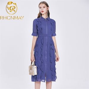 Ruffles Purple Chiffon Long Midi Vestido Mujer Verano Manga corta Lace Up Botón Camisa de diseñador coreano 210506