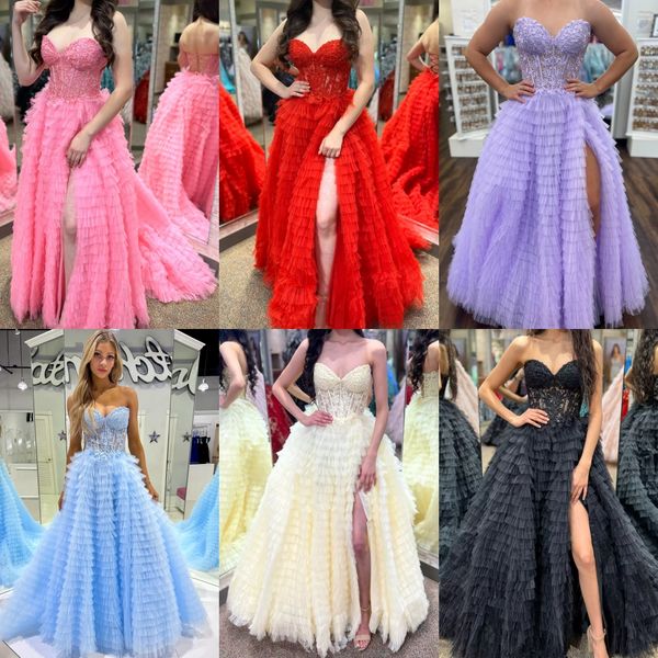 Volants Tulle Robe De Bal 2k24 Feuille Dentelle Corset Corsage Lady Pageant Hiver Formelle Cocktail Robe De Soirée Tapis Rouge Piste Drame Black-Tie Gala Occasion Spéciale Fente Haute