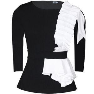 Volants femmes chemise chemisier neuf quarts manches O cou noir blanc Patchwork dame fête hauts taille élastique surdimensionné grande taille 210527