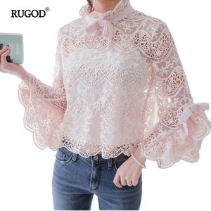 Rugod 2018 Été Nouvelle Arrivée Évider Manches Flare Femmes Chemise Arc Dentelle Neuf Trimestre Élégant Dames Blouse Col Roulé Fille Top Y19042902