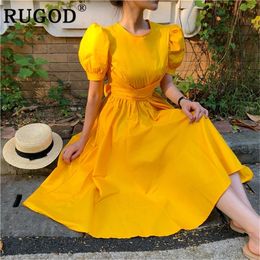 Rugod elegante kant -up riem jurk vrouwen mode o nek puff mouw grote zoem strandjurk frisse kleur zomers feestje jurk vestidos t200604