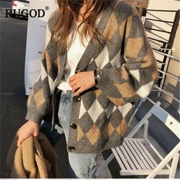 Rugod Vintage Mode Femmes Cardigans de Noël Plaid Col V Casual Femmes Chandails Tricotés Vêtements d'hiver pull femme hiver T200101