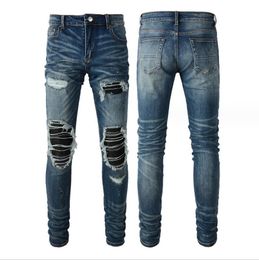 ruine marques de mode américaines de haute rue jeans pour hommes motif de marque de rue jeans brodés jeans de rue effiloché pantalon patché pantalon serré élastique bleu