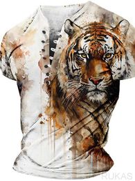 RUKAS Chemise Henry Graphique Animal Tigre Henry Vêtements Impression 3D Sport Décontracté Manches Courtes Bouton Impression Mode Motif Original Rétro