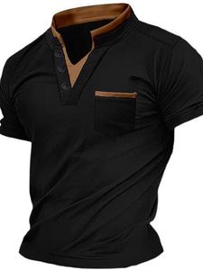 RUKAS chemise Henry T-shirt lin tissé col en v extérieur décontracté manches courtes poche avant vêtements mode motif Original classique