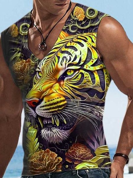 RUKAS Camiseta sin mangas Sin mangas Gráfico de hombre Animal Tigre Ropa con cuello en V Impresión 3D Deportes Correr Sin mangas Impresión 3D Patrón original Músculo diario