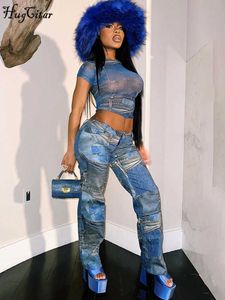 Rukas Vintage Print Mesh Short Sleeve Sexy Zie Crop Top Jeans 2 PCS Sets Summer Fashion Streetwear Nightclub Outfit