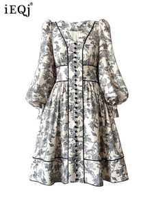 Rukas Vintage gedrukte taille midi-jurk voor dames 2024 trend lente nieuwe V-hals lantaarn mouw knop ontwerp vrouwelijke jurken 3w4384