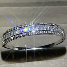 Rulalei Sparkling Hot Sale sieraden Sterling Sier Full Princess White Topaz CZ Diamond Gemstones Women Bracelet Bridal Bangle