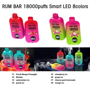 Rum Bar18000 Puffs Smart LED 18K Derbitable Vape Pen 550 MAH 28ML Puffes Mesh Bar Kit de barre rechargeable 2%