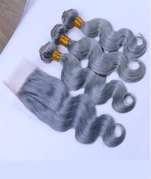 Hair Ruma Sliver Grey Couleur pure Peruvienne Vierge 3 paquets avec fermeture de la dentelle Body Wave Cheap Hails with 44 Lace Close6746139