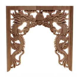 RunBazef Chinese Niches Double Dragon Play Bead Floral Wood Carved Corner Applique Houten Carving Decal Meubels Decor Crafts 210318