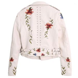 Corriendo chaquetas Mujeres Chaqueta de cuero de la chaqueta con estampado floral bordado Faux abrigo de sintébano cuello de vuelta PU motocicleta Punk Outerwear