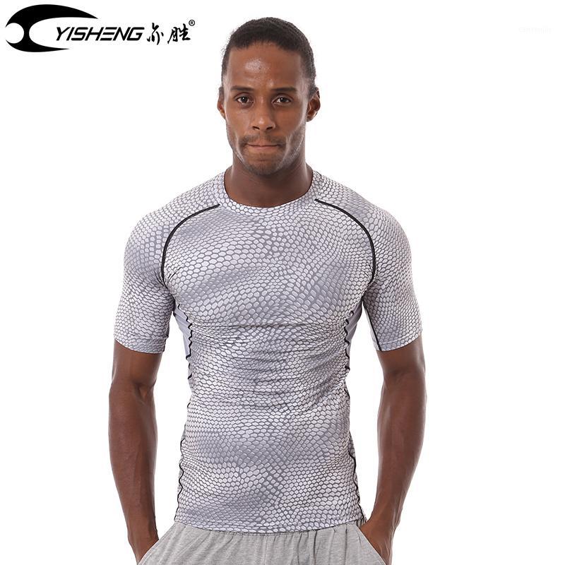 Трикотажные изделия для бега YISHENG Qucik Dry 3D-печать Спорт Фитнес Эластичная мужская футболка с короткими рукавами для тренировок Тренажерный зал Slim Fit Тренировочная футболка для мышц