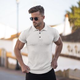 Running Gebreide Polo Shirt Mannen Fitness Skinny Korte Mouw T-shirt Mannelijke Bodybuilding Tee Shirt Sport Polos Summer Gym Clothing 210421