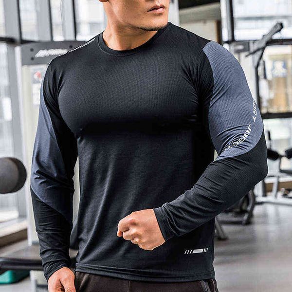 Running Camiseta de manga larga Hombres Fitness Nuevo spandex Secado rápido Slim Fit Camiseta deportiva Fitness elástico Gimnasio Entrenamiento de culturismo L220704