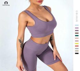 Short de fitness à séchage rapide, costume Capris sans couture, gilet de sport d'été, costume de Yoga pour femmes 2802937