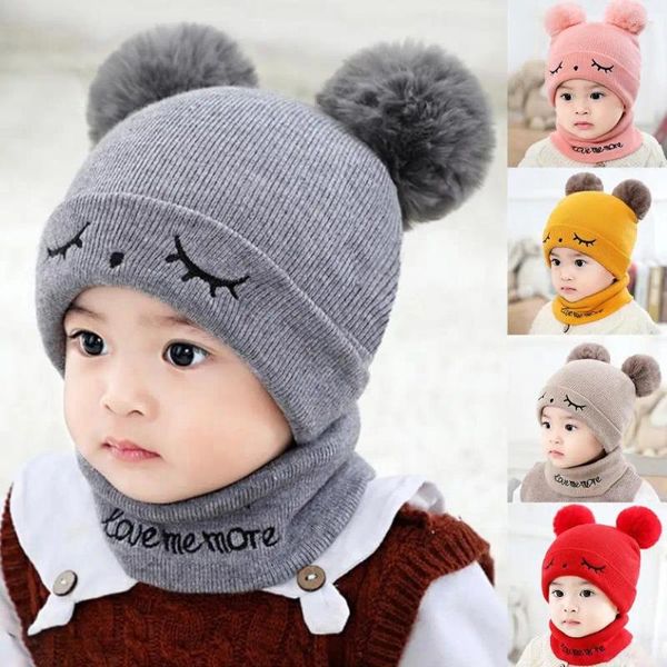 Sets Running 1Set Baby Hat Buff Set Bear Hold Torn Children Cap Invierno Bonnet Infantil Piedra Niños Niños Crochet Beanie 1-5y