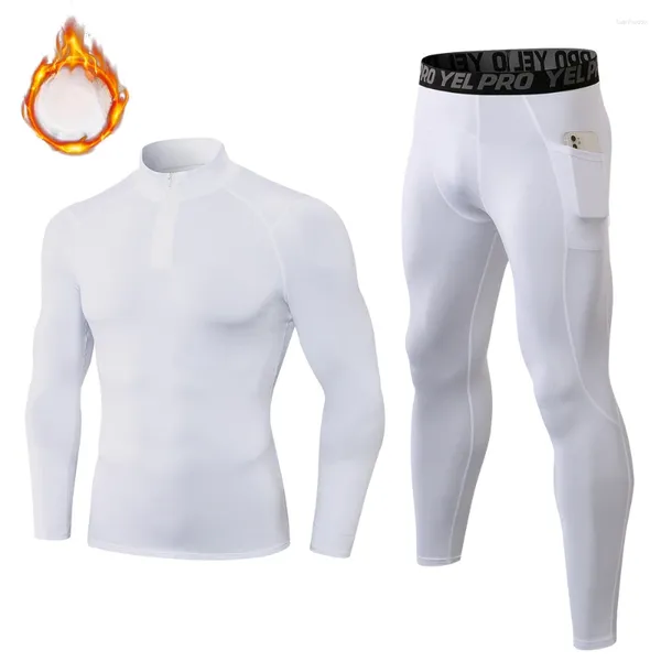 Conjuntos para correr Conjunto de 2 piezas Ropa de gimnasio Hombres Trotar Invierno Terciopelo Fitness Cremallera Suéter Ropa deportiva Compresión Manga larga Entrenamiento apretado