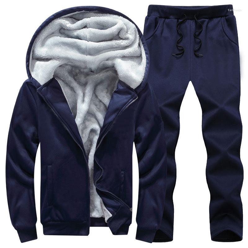 Lauf-Sets 2023 Koreanische Mode Fleece Männer Winter Set Trainingsanzug Dicke Jacken Hosen Sportswear Anzug Warme Mit Kapuze Jogging