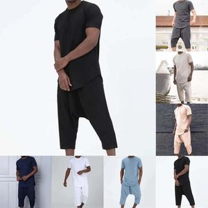 Conjuntos para correr, verano 2023, pantalones cortos informales de manga corta de Color sólido para hombre, pantalones cortos holgados de tres piezas con entrepierna colgante, esmoquin para jóvenes, trajes formales