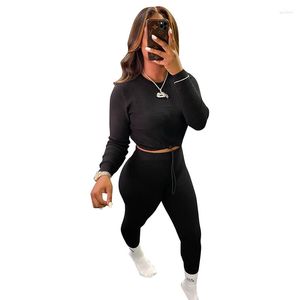 Running Sets 2023 Dames Sport 2 Tweedeksels Set Outfits Lange mouw Crop Tops Pants Ladies Bodycon Tracksuit Fitness Matching
