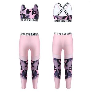 Running Sets 2pcs Kids Girls Sportpak U Neck Cross Back Tracksuit Bra Top Mesh Patchwork Pant Leggings ingesteld voor trainingsgymnastiekkleding