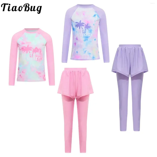 Sets de carrera 2 PCS Niñas Niñas traje de baño de manga larga Tops estampados con tinte y pantalones falsificados set de trajes de sola playa Guardia de sarpullido