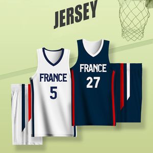 Running sets basketbal voor mannen aanpasbare teamnaam nummer Nummer Frankrijk Letter Gedrukte truien Shorts Snel droge training trainingspeinten 230518