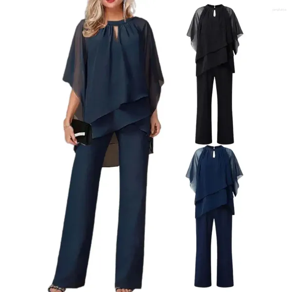 Ensembles de course Top En Mousseline Pantalon Ensemble Tenue À La Mode Pour Femmes Élégant Manches Chauve-Souris Jambe Large Avec Ourlet Irrégulier Haut