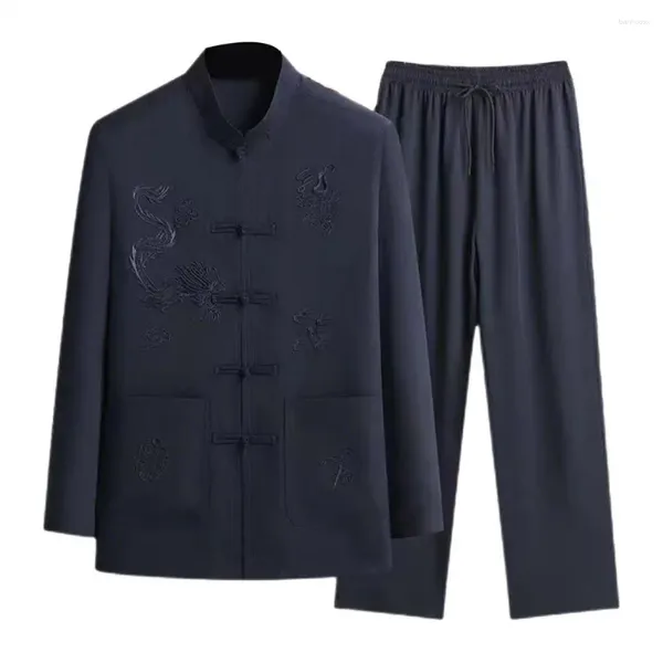 Ensembles de course Pantalon à la taille avec cordon de serrage Costume Tang chinois Ensemble de chemise pour hommes avec col montant Pantalon à jambe large