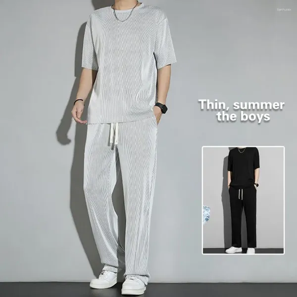 Running sets Ice Silk Men Clothing Men's Summer Sports Set Round Neck T-shirt Pantalon DrawString deux pièces pour les activités en plein air intérieures