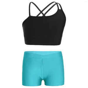 Ensembles de course Enfants Filles Sports Formation Tenues Asymétrique Strappy Crop Top avec V-Front Ceinture Shorts Gymnastique Entraînement Yoga Costume