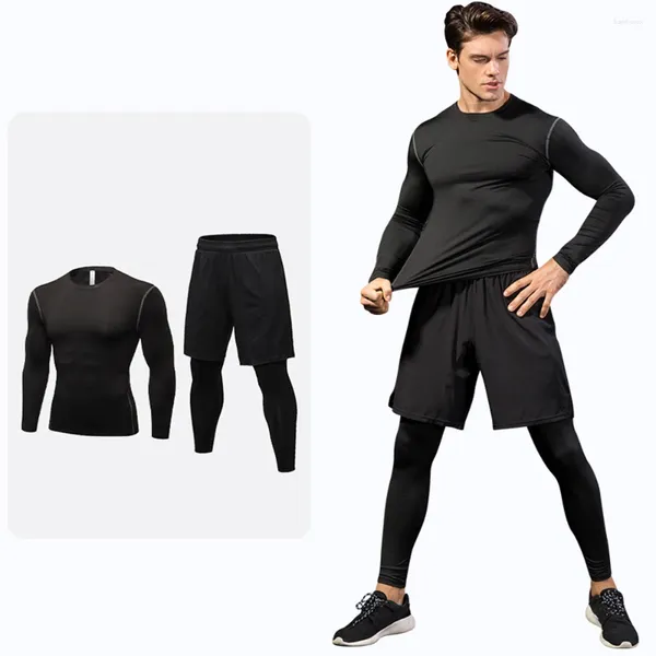 Conjuntos para correr, ropa deportiva de compresión para hombre, conjunto deportivo de 2 piezas, camiseta de manga larga para hombre, camiseta para gimnasio, mallas para correr Crossfit en 1