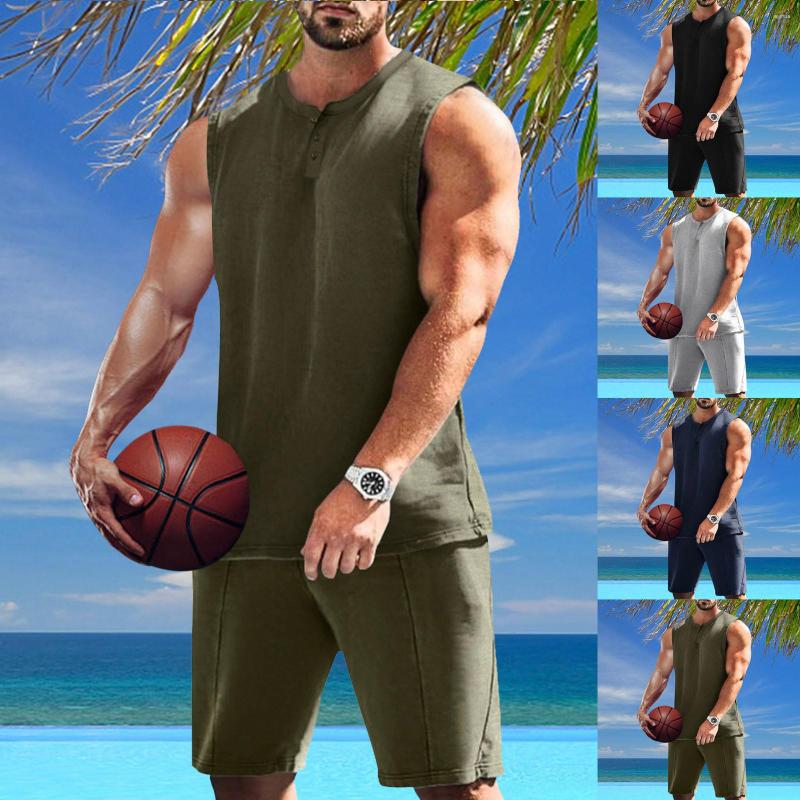 Running Sets Heren Summer Sport Casual Solid Color Button Down Vest Shorts Two Pally Suit Jack voor Men Prom Suits en