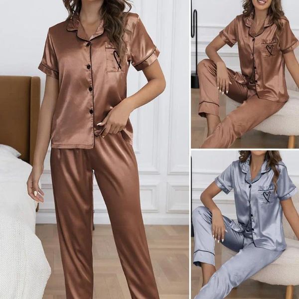 Ensembles de course Pyjama en soie de lait ensemble d'été pour femmes avec broderie de coeur soyeux taille élastique pantalon à jambes larges 2 pièces vêtements de maison