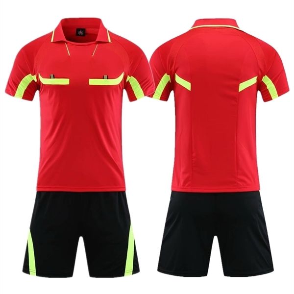 Conjuntos para correr Árbitro de fútbol profesional Uniforme Hombres Cuello vuelto Ropa de fútbol Camisa de manga corta Juez Tres bolsillos Pantalones cortos 220923