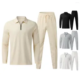 Conjuntos para correr Traje de hombre de color sólido Conjunto de chándal de 2 piezas para hombre con camisa con cuello vuelto Top de manga larga Cintura elástica con cordón para otoño