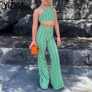 Running Sets Summer Fashion Kids Girls Two-Piece Outfit Street Wear Mouwess CrisScross Lace-Up Crop Top Hoge Taille Flared Pants