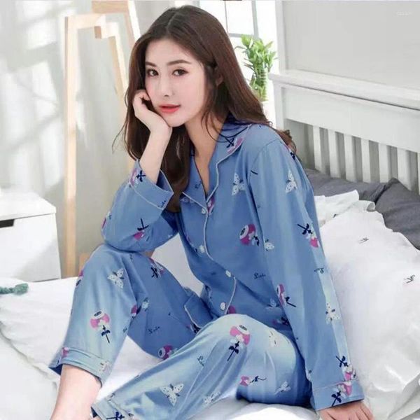 Ensembles de course Femmes Pyjama Ensemble Vêtements de nuit imprimés avec col à revers Taille élastique pour deux pièces Loungewear Printemps Automne