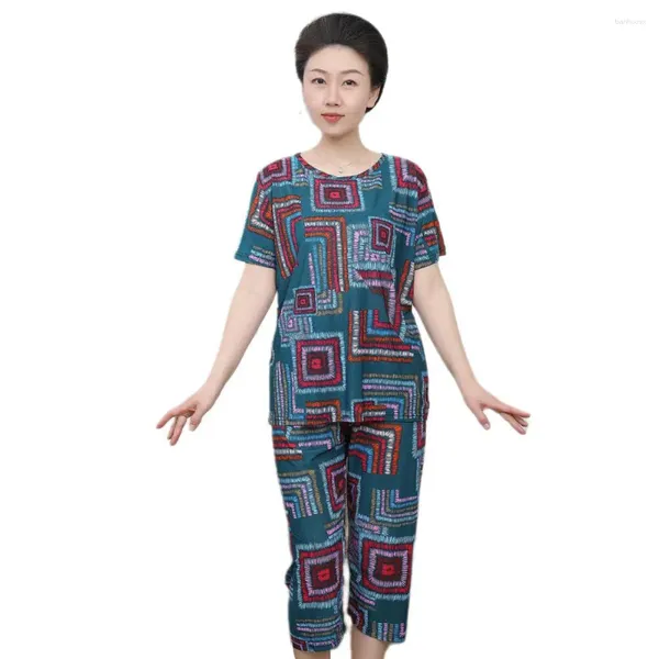 Running Sets Femmes Pyjama Top de style ethnique T-shirt Femme Pantalon avec pantalon recadré imprimé pour tenue sportive 2 PCS / Set