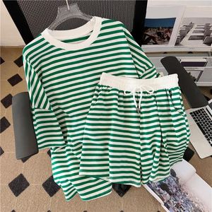 Running Sets Women Two Pieces Set Loose Blue Green Black Striped Top Elastic Waist Wide Leg Shorts Sport Summer M-4XL