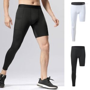 Pantalones cortos para correr para hombre, mallas de compresión de una pierna, pantalones elásticos de capa base de baloncesto, pantalones deportivos con bolsillos, entrenamiento físico