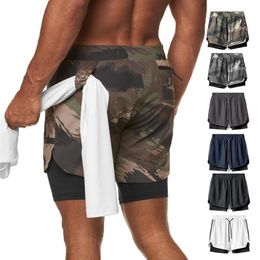 Pantalones cortos para correr de camuflaje para hombre, cordón de cintura elástica, deportivos, 2 en 1, de doble cubierta, para gimnasio, Fitness, ropa de entrenamiento, 240s