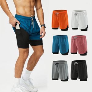 Pantalones cortos para correr para hombres y mujeres, mallas deportivas de secado rápido de dos pisos, mallas deportivas para correr, baloncesto, entrenamiento, pantalones transpirables de 2 capas