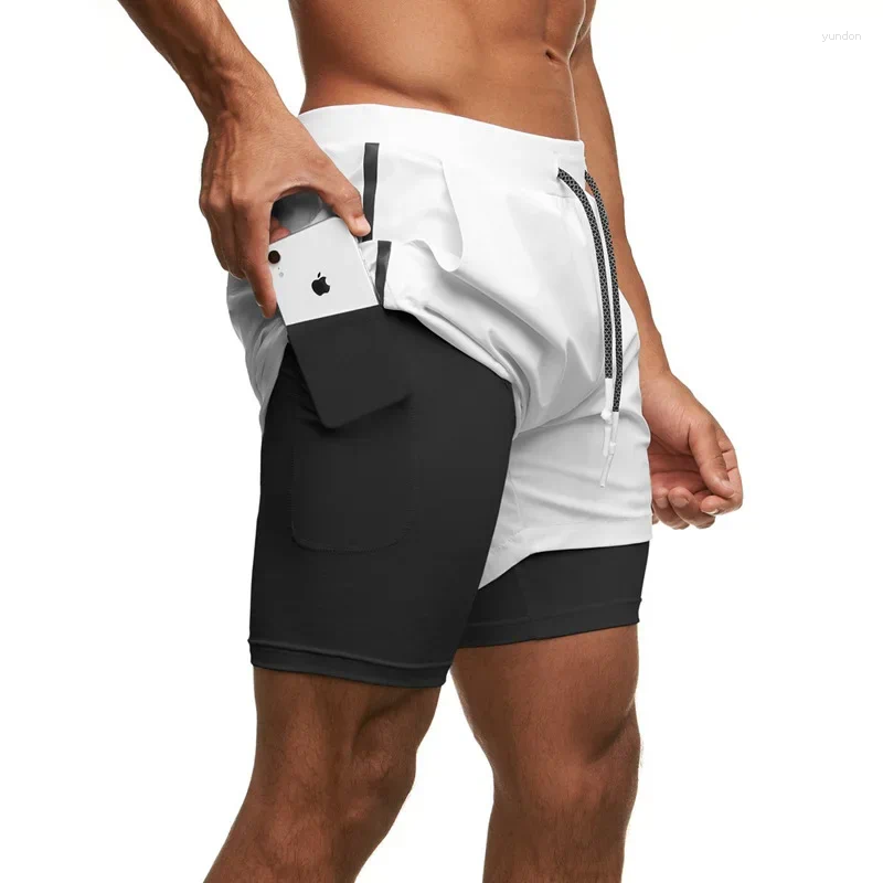 Koşu Şortları Erkekler 2'de 1 Çift Dökümlük Spor Erkek Fitness Vücut İnşa Hızlı Kuru Kısa Pantolon Eğitim Egzersiz Gym