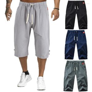 Correr pantalones cortos para hombres 3/4 Longitud larga Capri Sport Pants de cintura elástica Lino informal