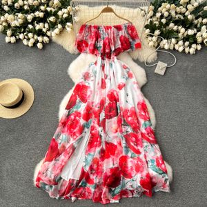 Nieuwe zomercasual jurk zomer off schouder prachtige bloem vakantie chiffon jurk vrouwen slash nek bloemenprint elastische taille lange gewaden Vestidos 2024