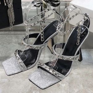 Piste 2021 argent chaîne sandales femmes chaussures à talons hauts bout carré bride à la cheville été sandale Sexy fête chaussure femme